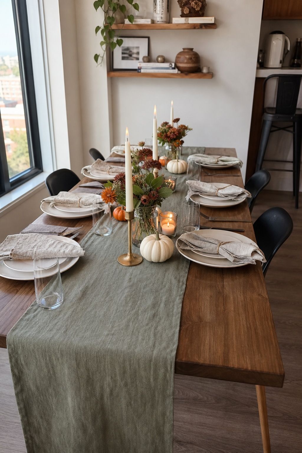 Long Sage Linen Runner Down the Center small apartment idea for Top 20 Hosting Friendsgiving Ideas to Create a Cozy and Stylish Celebration.