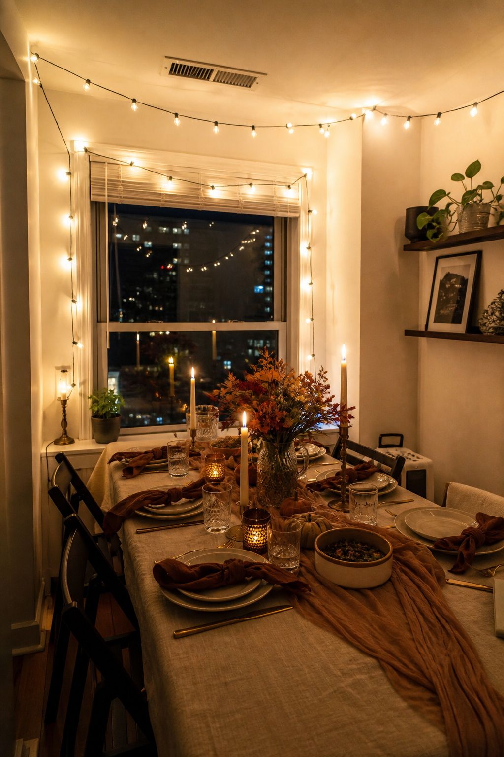 String Lights Across the Window or Ceiling small apartment idea for Top 20 Hosting Friendsgiving Ideas to Create a Cozy and Stylish Celebration.