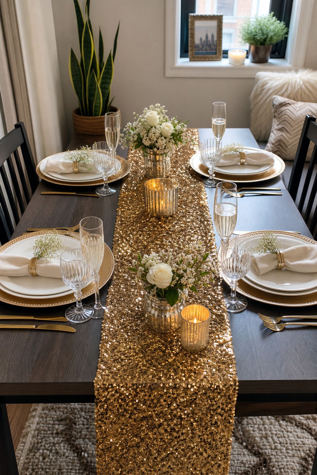 Layer a Sequin or Metallic Runner Down the Center small apartment idea for Top 17 Best New Year Table Setting Ideas for Small Apartments.