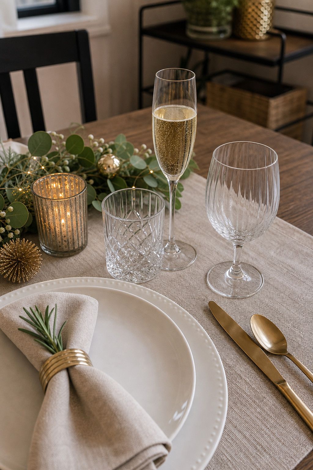 Set Out Two Glasses Plus a Champagne Flute small apartment idea for Top 17 Best New Year Table Setting Ideas for Small Apartments.
