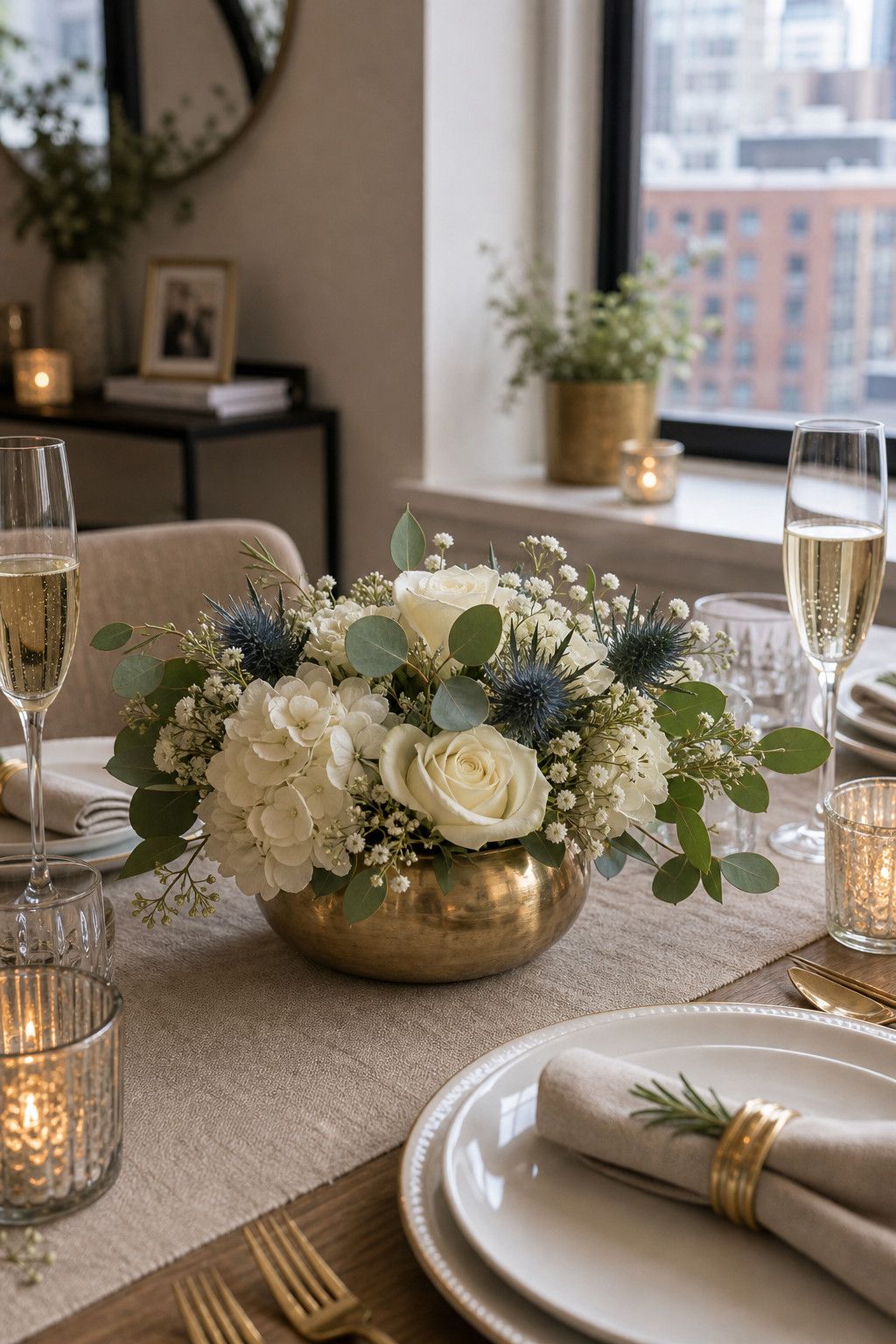 Create a Low Metallic Floral Centerpiece small apartment idea for Top 17 Best New Year Table Setting Ideas for Small Apartments.