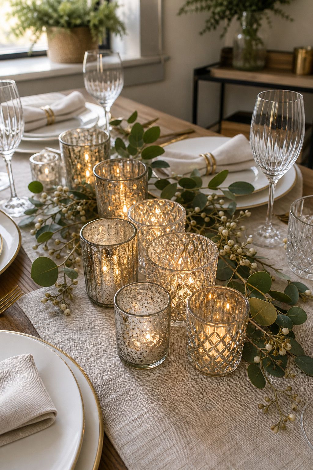 Cluster Mercury Glass or Crystal Votives small apartment idea for Top 17 Best New Year Table Setting Ideas for Small Apartments.