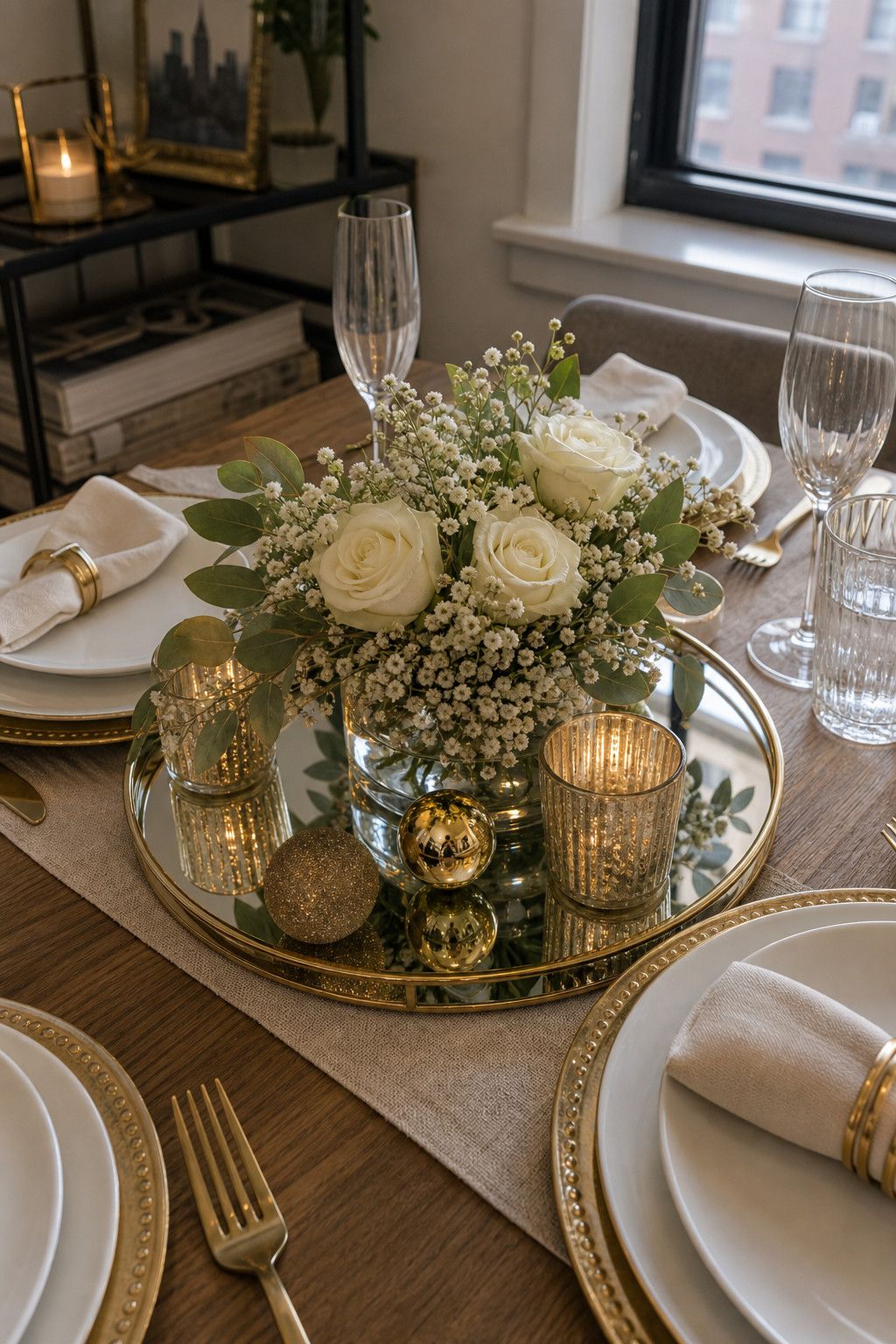 Add Mirrored Trays Under the Centerpiece small apartment idea for Top 17 Best New Year Table Setting Ideas for Small Apartments.