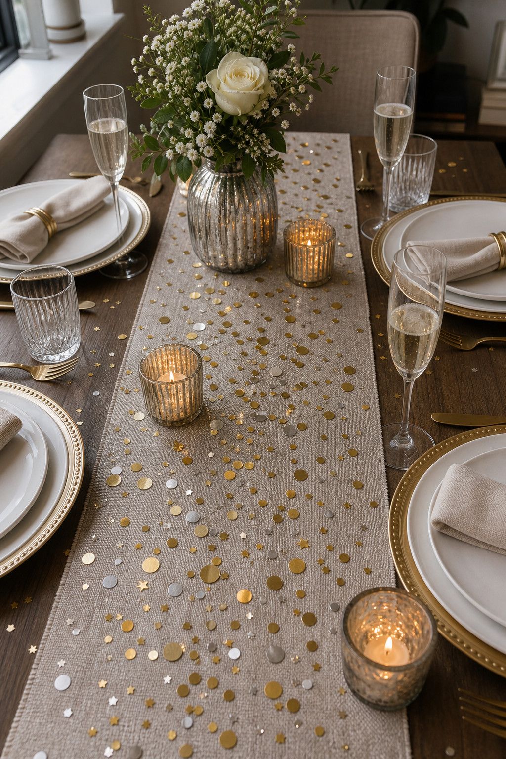 Scatter Confetti or Sequins Down the Runner small apartment idea for Top 17 Best New Year Table Setting Ideas for Small Apartments.