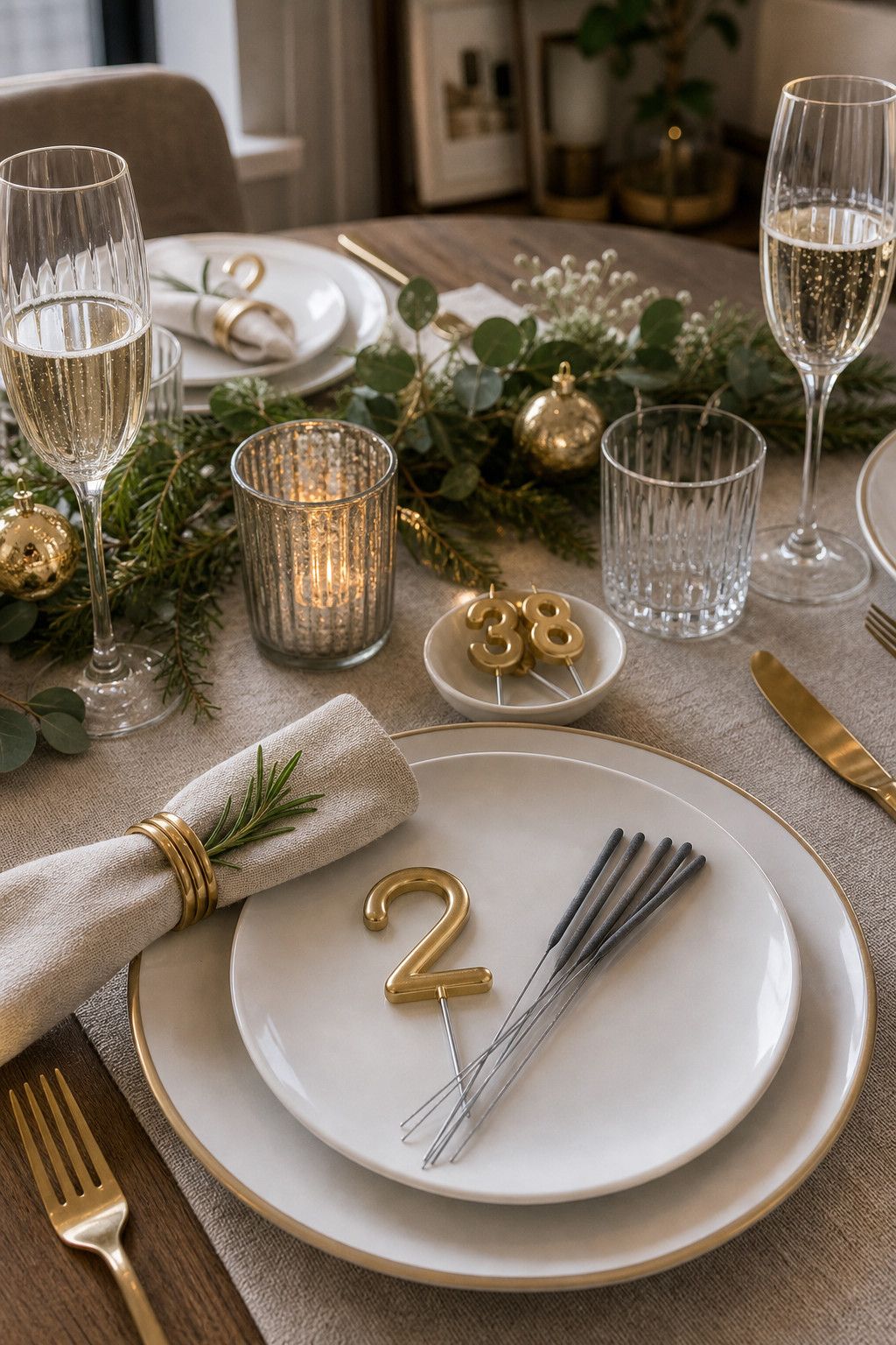 Add Sparkler or Number-Shaped Accents small apartment idea for Top 17 Best New Year Table Setting Ideas for Small Apartments.