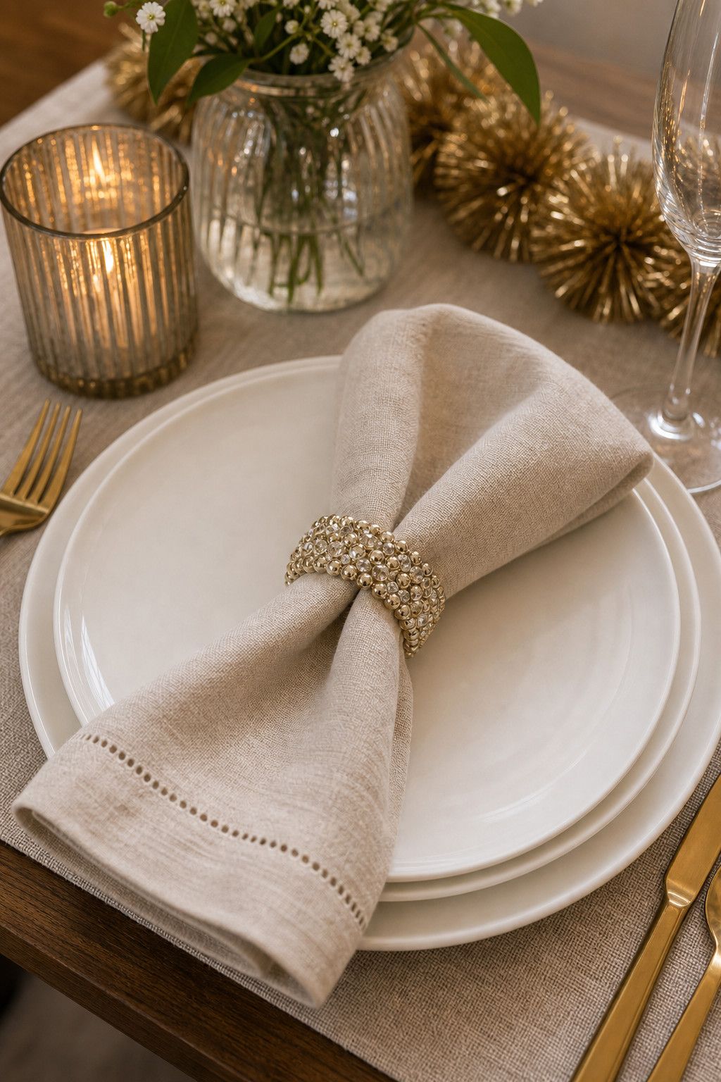 Use a Beaded or Rhinestone Napkin Ring small apartment idea for Top 17 Best New Year Table Setting Ideas for Small Apartments.