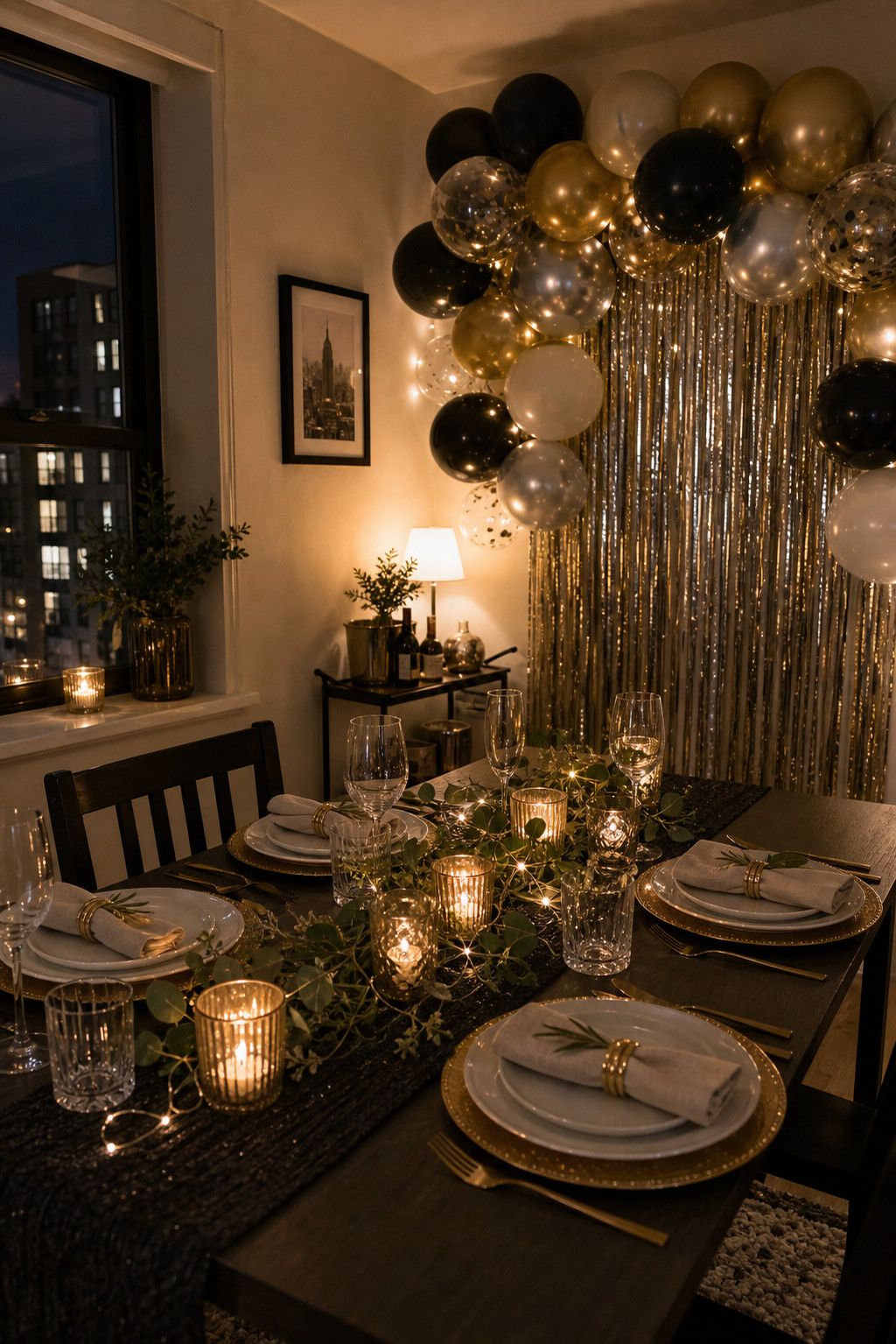 Dim the Lights and Add a Statement Backdrop small apartment idea for Top 17 Best New Year Table Setting Ideas for Small Apartments.