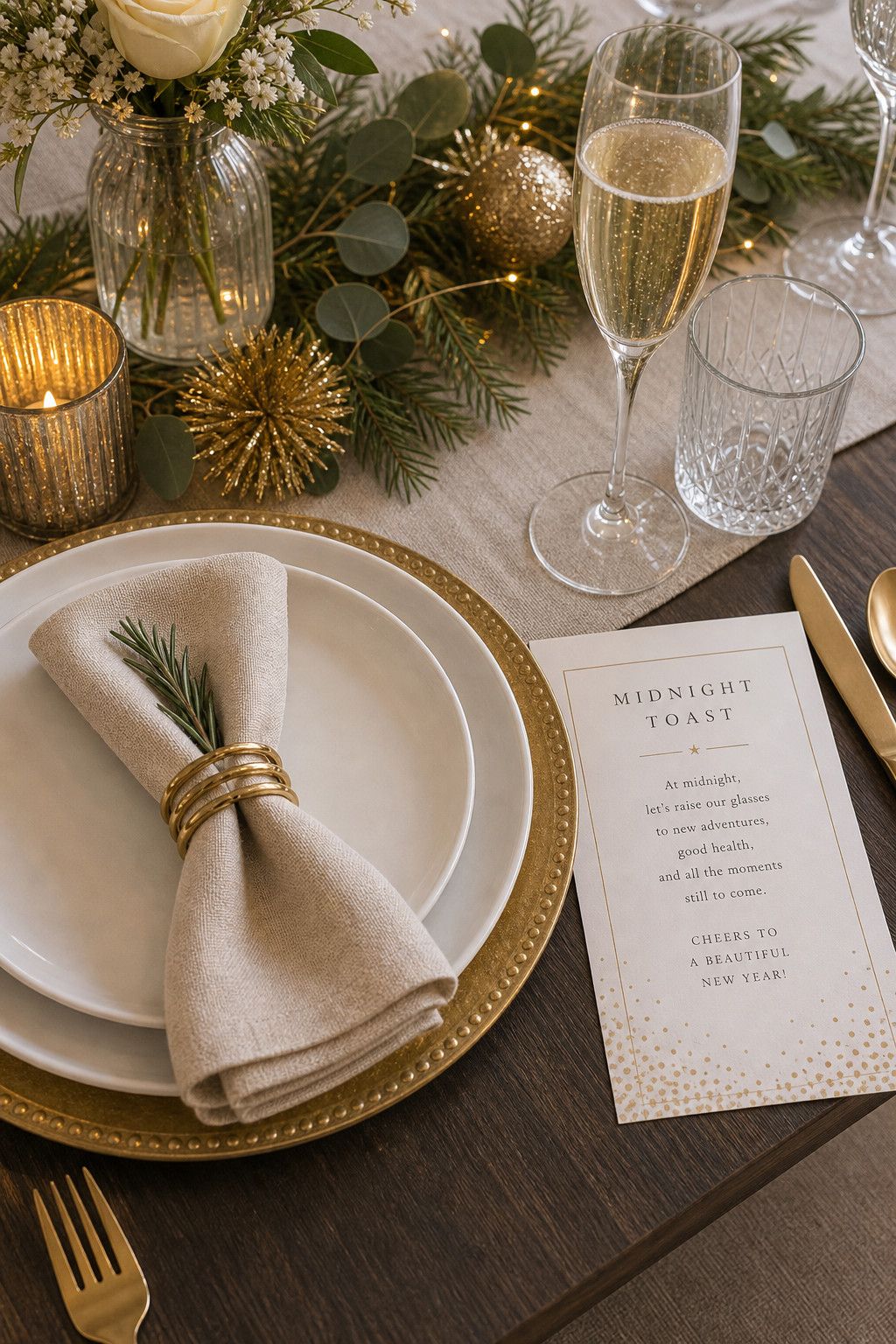 Set Out a Midnight Toast Card or Menu small apartment idea for Top 17 Best New Year Table Setting Ideas for Small Apartments.