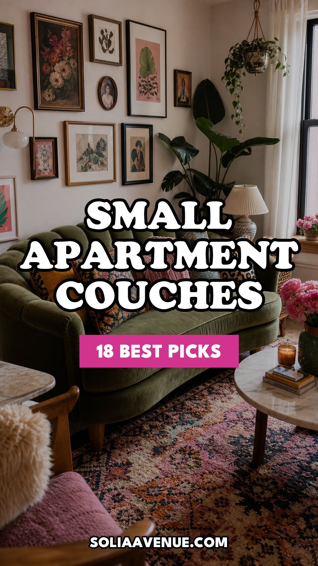 Pinterest pin for Top 18 Best Small Apartment Couches for Every Style and Budget from Solia Avenue.