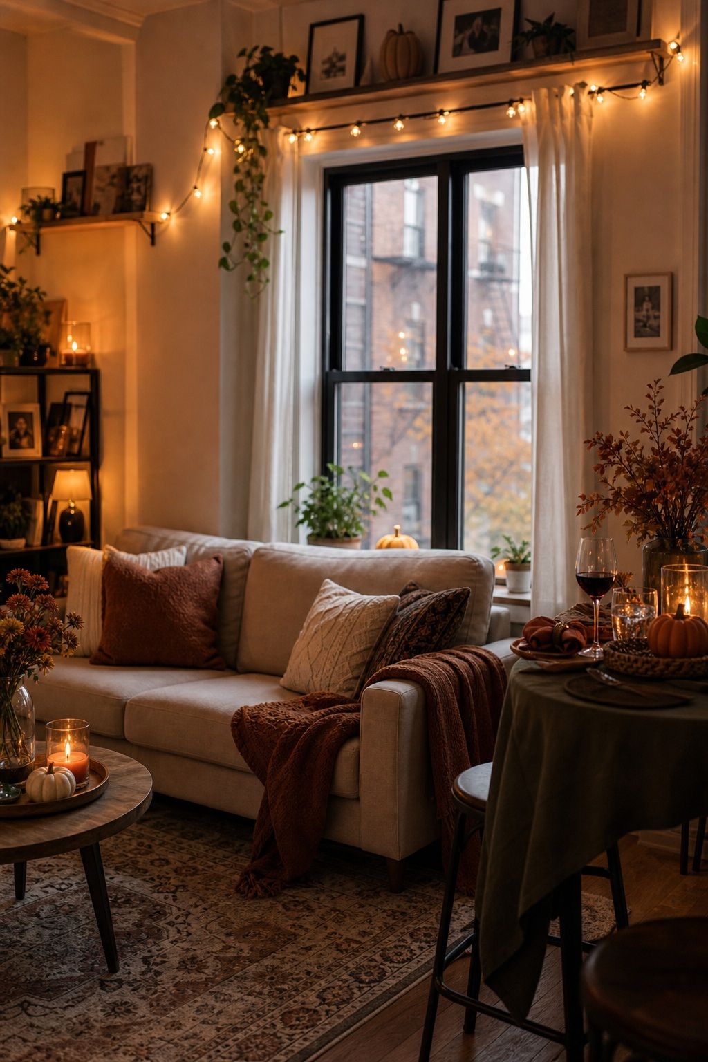 Hang String Lights for an Evening Glow small apartment idea for Top 19 Best Thanksgiving Party Ideas for Small Apartments.