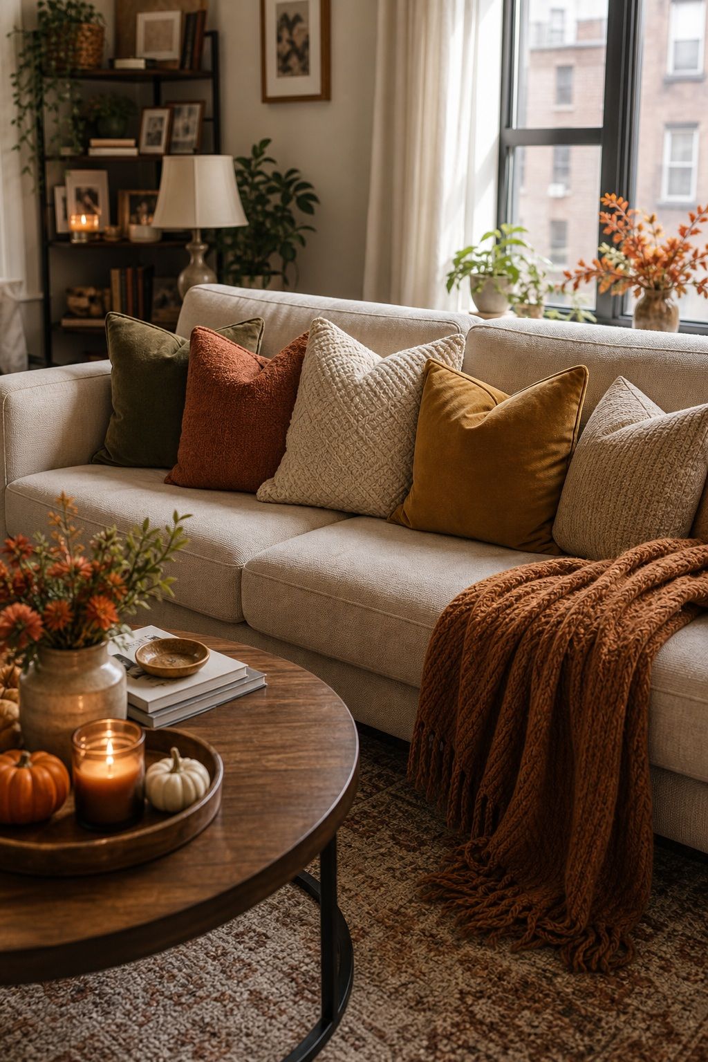 Refresh the Living Room With Throw Pillows in Fall Tones small apartment idea for Top 19 Best Thanksgiving Party Ideas for Small Apartments.