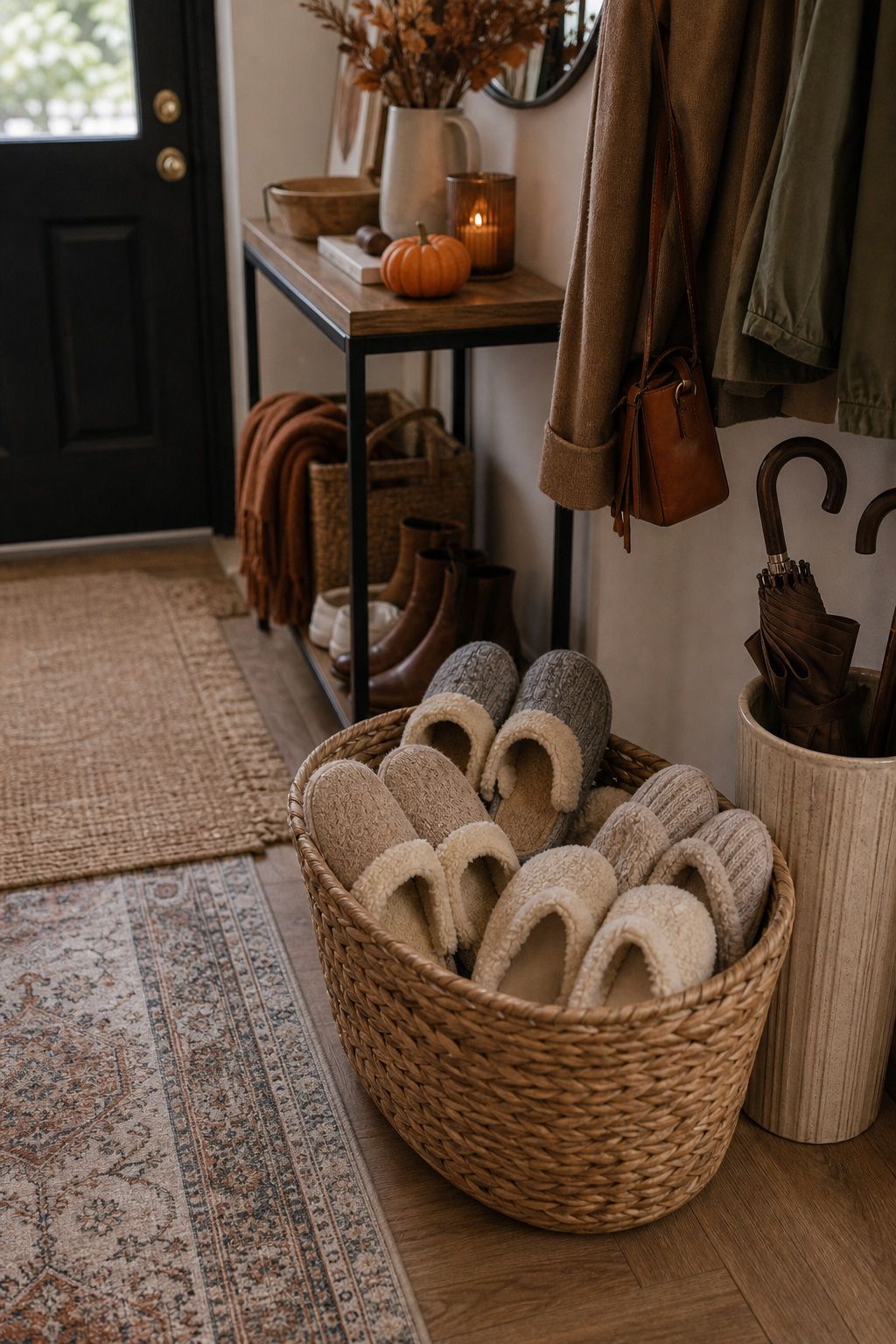 Set Out a Basket of Slippers Near the Door small apartment idea for Top 19 Best Thanksgiving Party Ideas for Small Apartments.