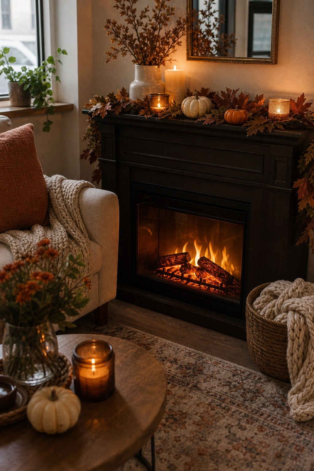 Add One Lit Fireplace or Hearth Detail small apartment idea for Top 19 Best Thanksgiving Party Ideas for Small Apartments.