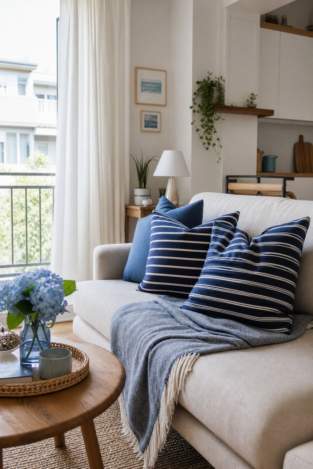Navy Striped Throw Pillows small apartment idea for Top 17 Light and Airy Blue Summer Decor Inspirations for Small Apartments.