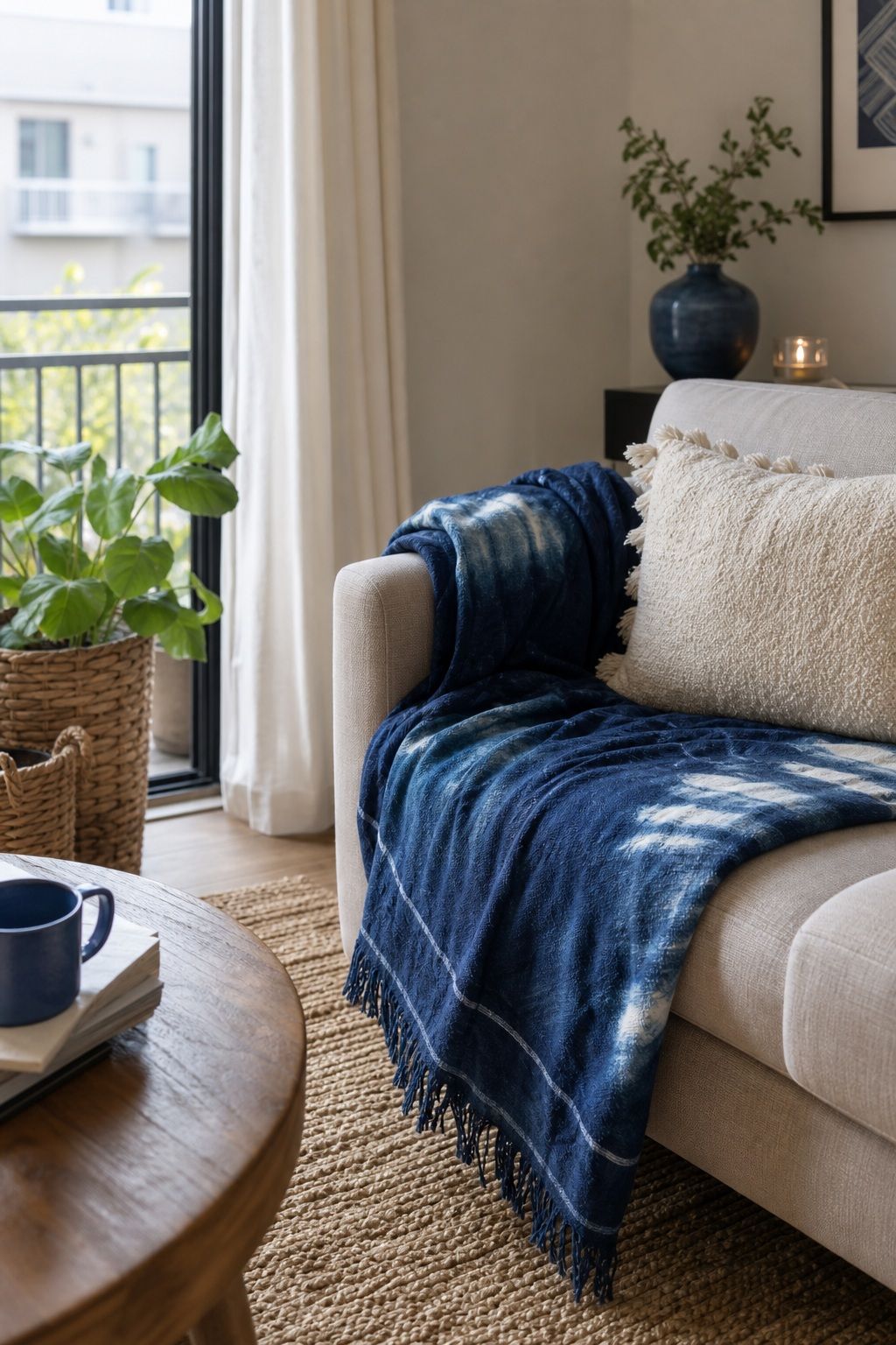 Indigo Dyed Throw Blanket small apartment idea for Top 17 Light and Airy Blue Summer Decor Inspirations for Small Apartments.