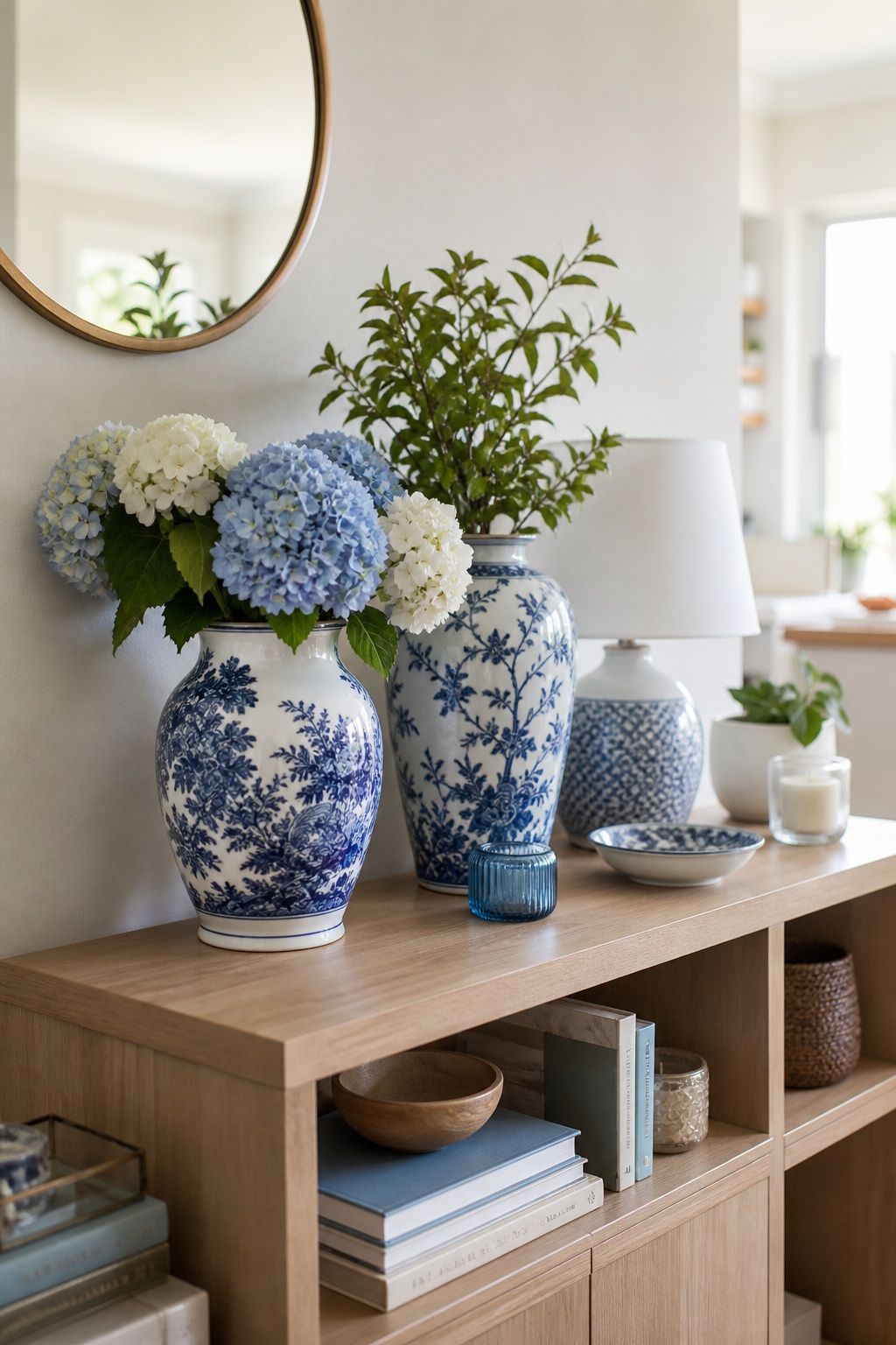 Chinoiserie Blue and White Vases small apartment idea for Top 17 Light and Airy Blue Summer Decor Inspirations for Small Apartments.