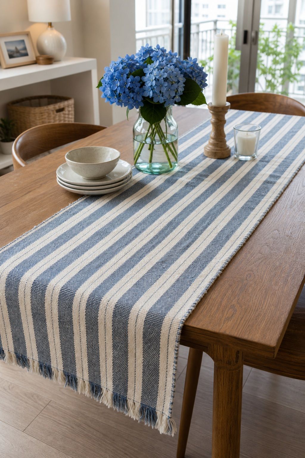 Blue and White Striped Runner small apartment idea for Top 17 Light and Airy Blue Summer Decor Inspirations for Small Apartments.