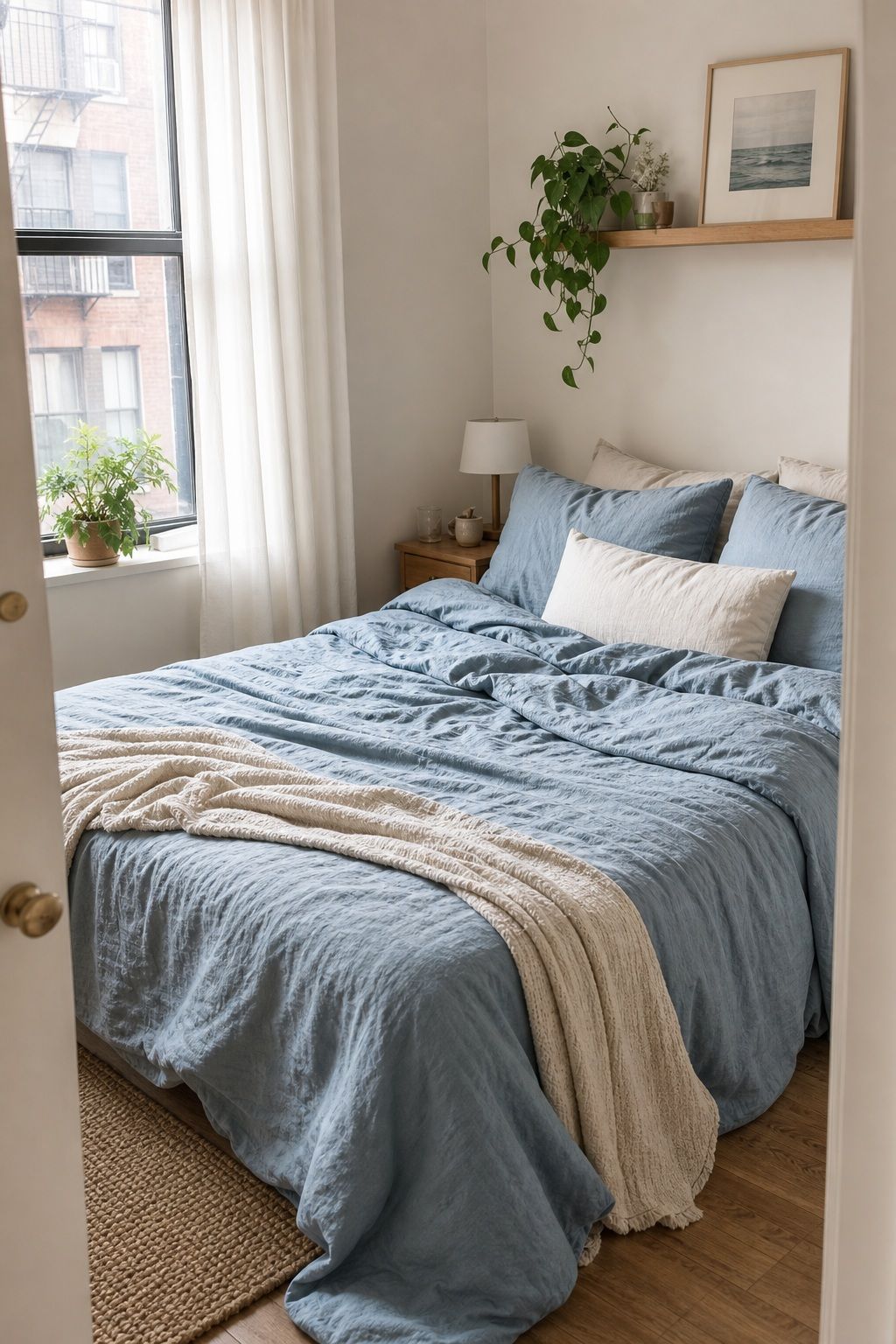 Dusty Blue Linen Bedding small apartment idea for Top 17 Light and Airy Blue Summer Decor Inspirations for Small Apartments.