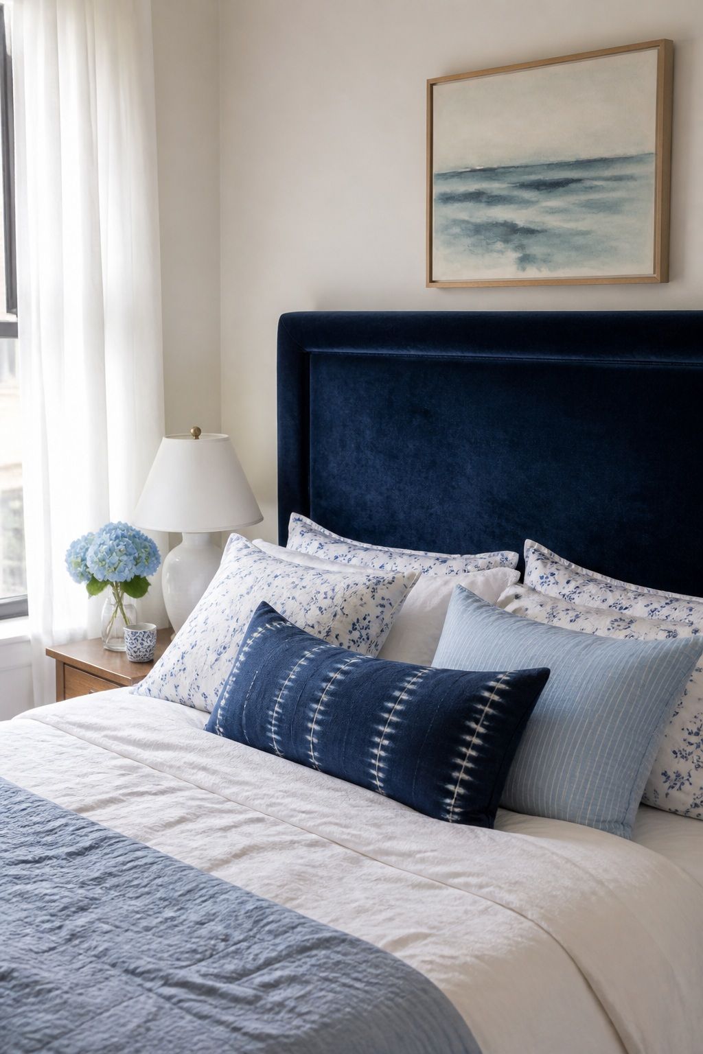 Navy Velvet Headboard small apartment idea for Top 17 Light and Airy Blue Summer Decor Inspirations for Small Apartments.