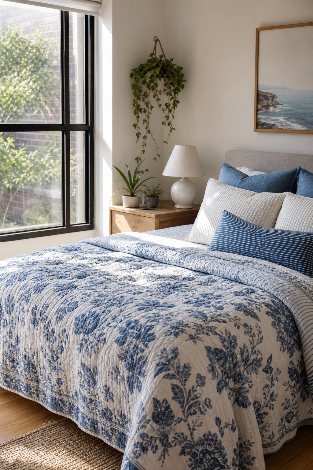 Blue and White Quilted Coverlet small apartment idea for Top 17 Light and Airy Blue Summer Decor Inspirations for Small Apartments.