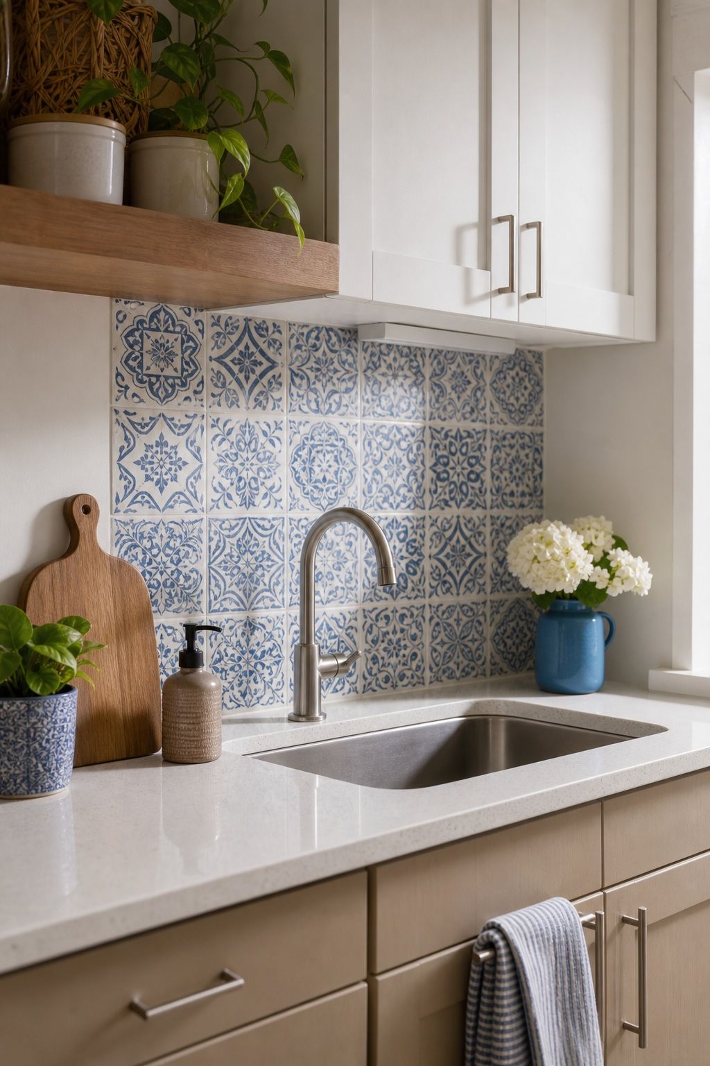 Blue and White Tile Backsplash Accent small apartment idea for Top 17 Light and Airy Blue Summer Decor Inspirations for Small Apartments.