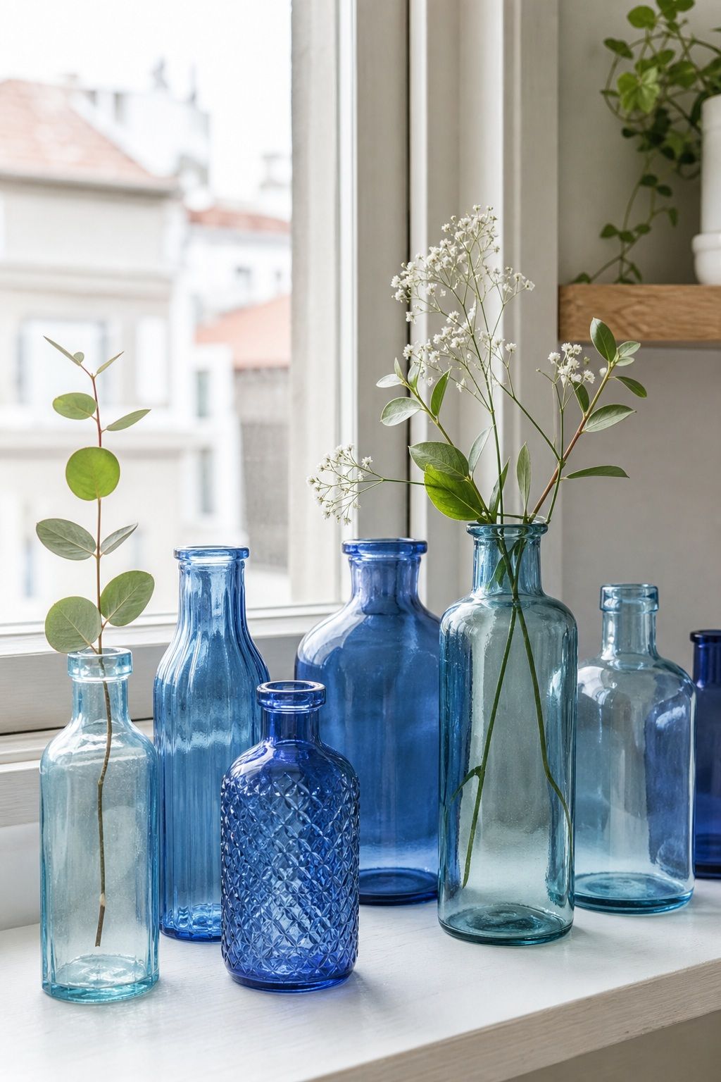 Blue Glass Bottles Display small apartment idea for Top 17 Light and Airy Blue Summer Decor Inspirations for Small Apartments.