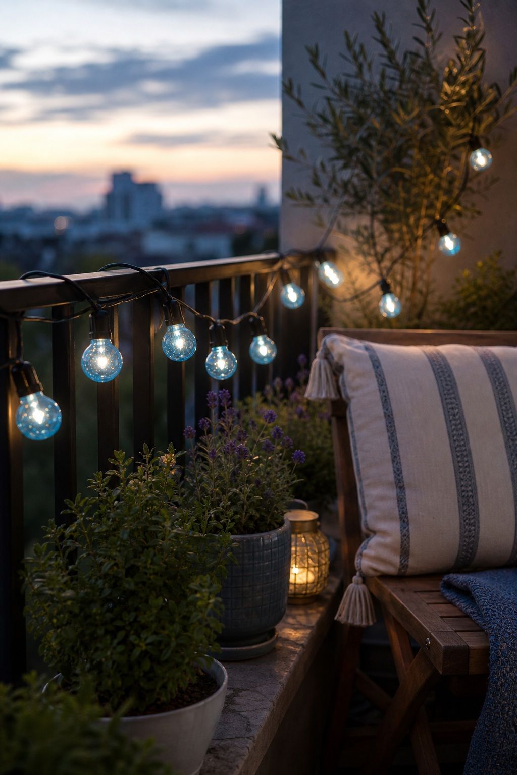 String Lights with Blue Glass Bulbs small apartment idea for Top 17 Light and Airy Blue Summer Decor Inspirations for Small Apartments.