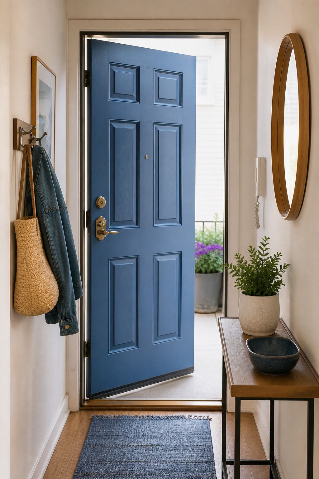 Blue Painted Front Door small apartment idea for Top 17 Light and Airy Blue Summer Decor Inspirations for Small Apartments.