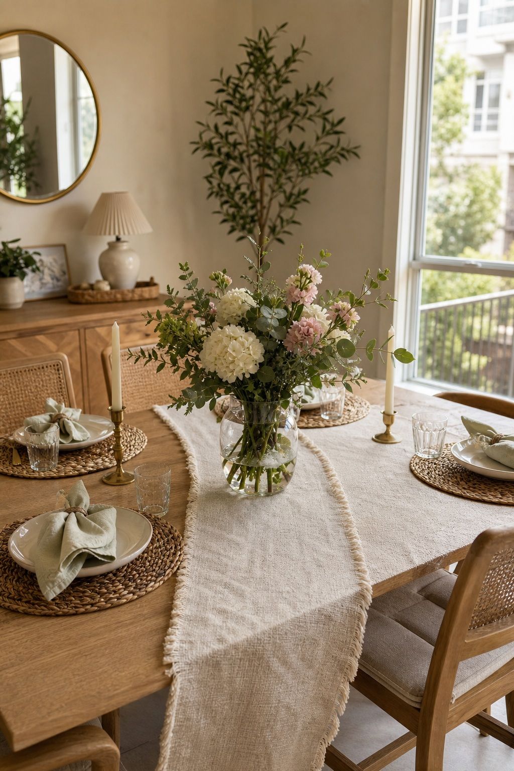 Lightweight Linen Runner with Floral Centerpiece small apartment idea for Top 17 Simple Steps for Perfect Dining Room Summer Decor.
