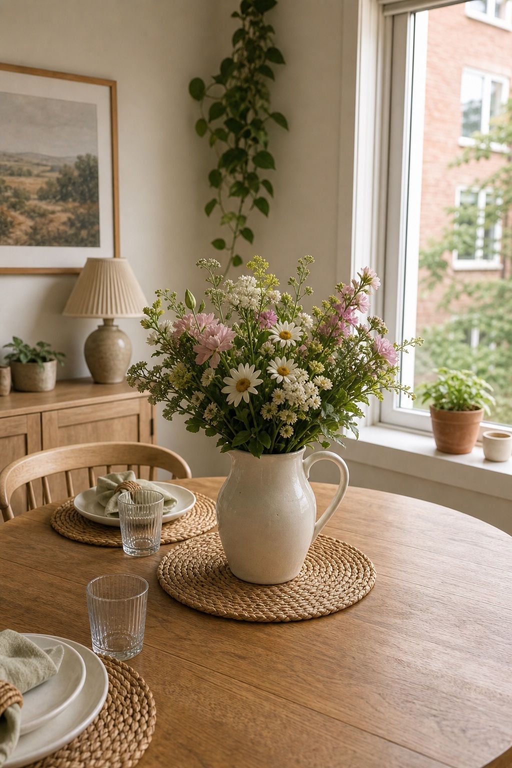Garden Bouquet in Pitcher Vase small apartment idea for Top 17 Simple Steps for Perfect Dining Room Summer Decor.