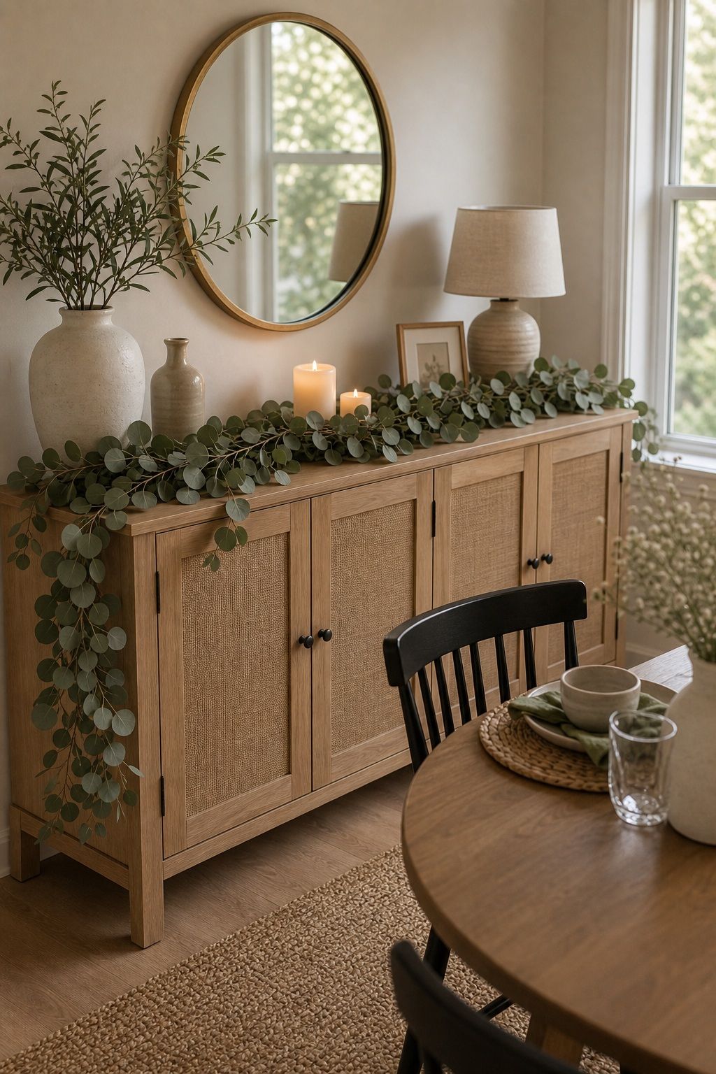 Eucalyptus Garland Across Buffet small apartment idea for Top 17 Simple Steps for Perfect Dining Room Summer Decor.