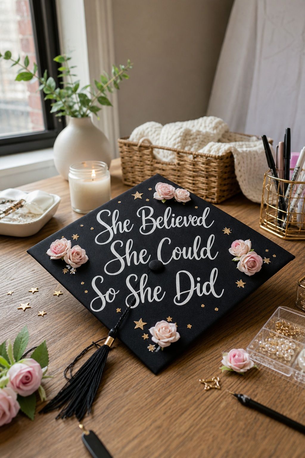 "She Believed She Could So She Did" Quote small apartment idea for Top 20 Creative Graduation Cap Designs to Celebrate Your Big Day.