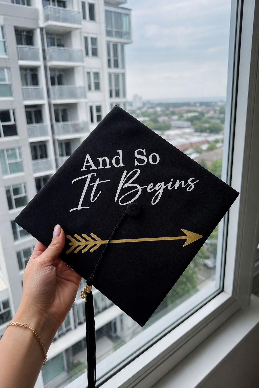 "And So It Begins" with Arrow Detail small apartment idea for Top 20 Creative Graduation Cap Designs to Celebrate Your Big Day.