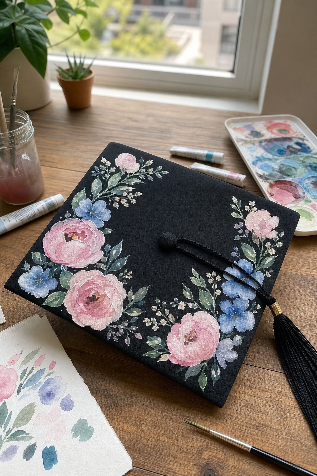 Watercolor Floral Painted Cap small apartment idea for Top 20 Creative Graduation Cap Designs to Celebrate Your Big Day.