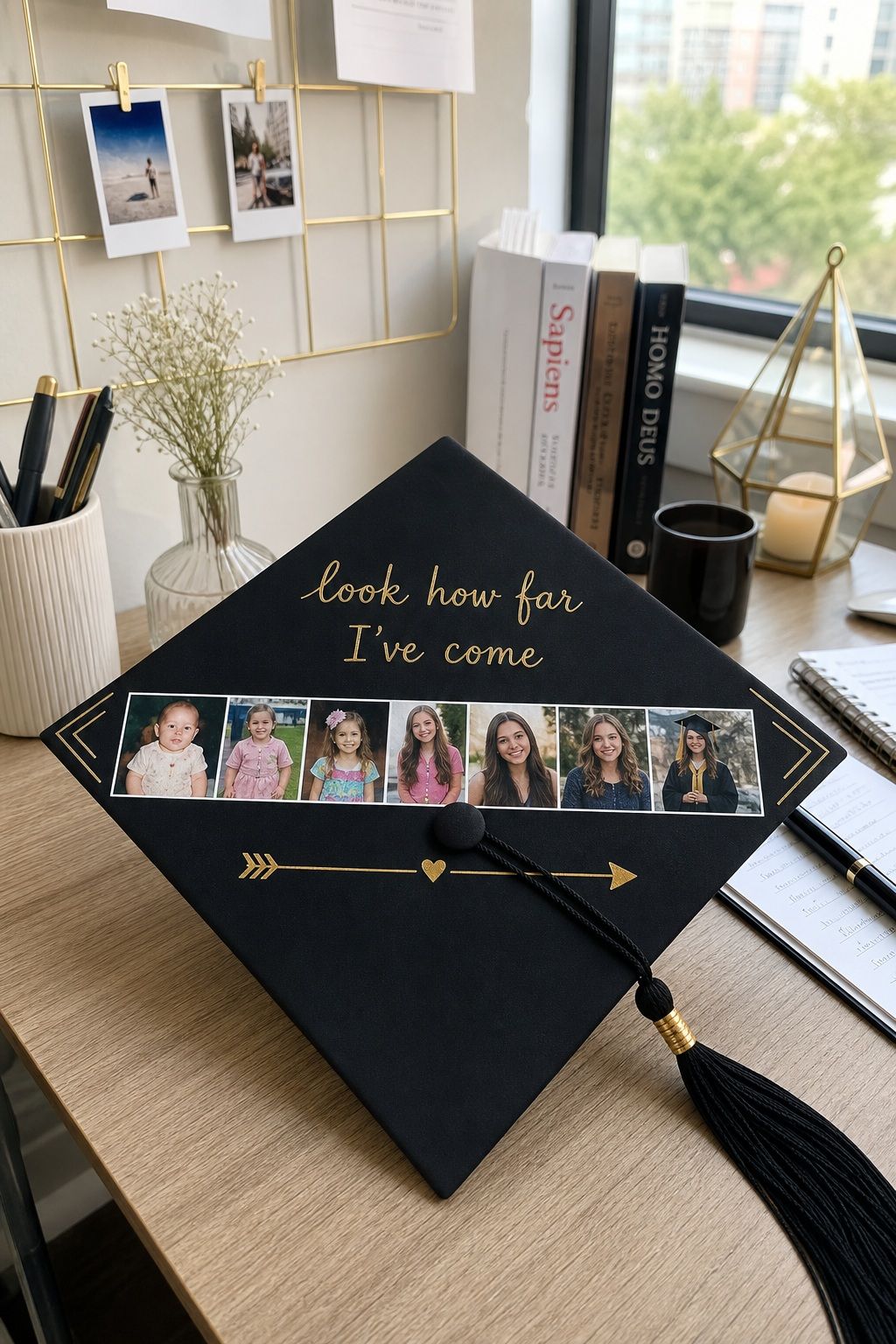 Childhood-to-Now Photo Strip small apartment idea for Top 20 Creative Graduation Cap Designs to Celebrate Your Big Day.