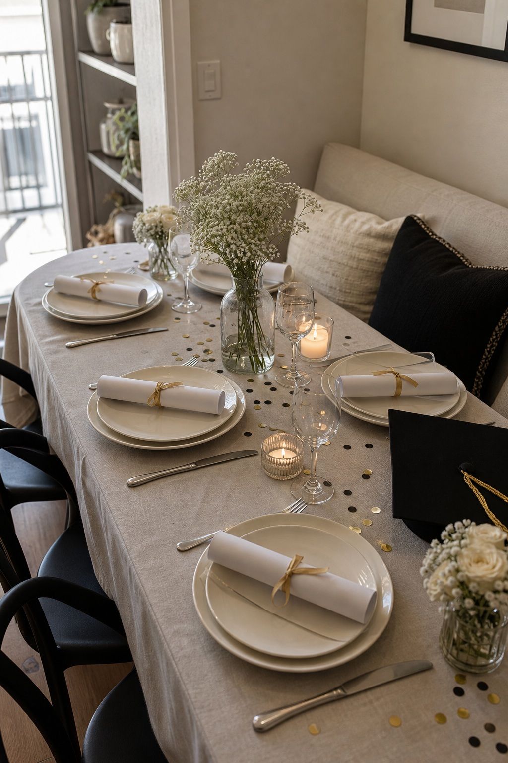 Diploma-Themed Tablescape small apartment idea for Top 20 Graduation Decoration Ideas That Make Any Party Feel Special.