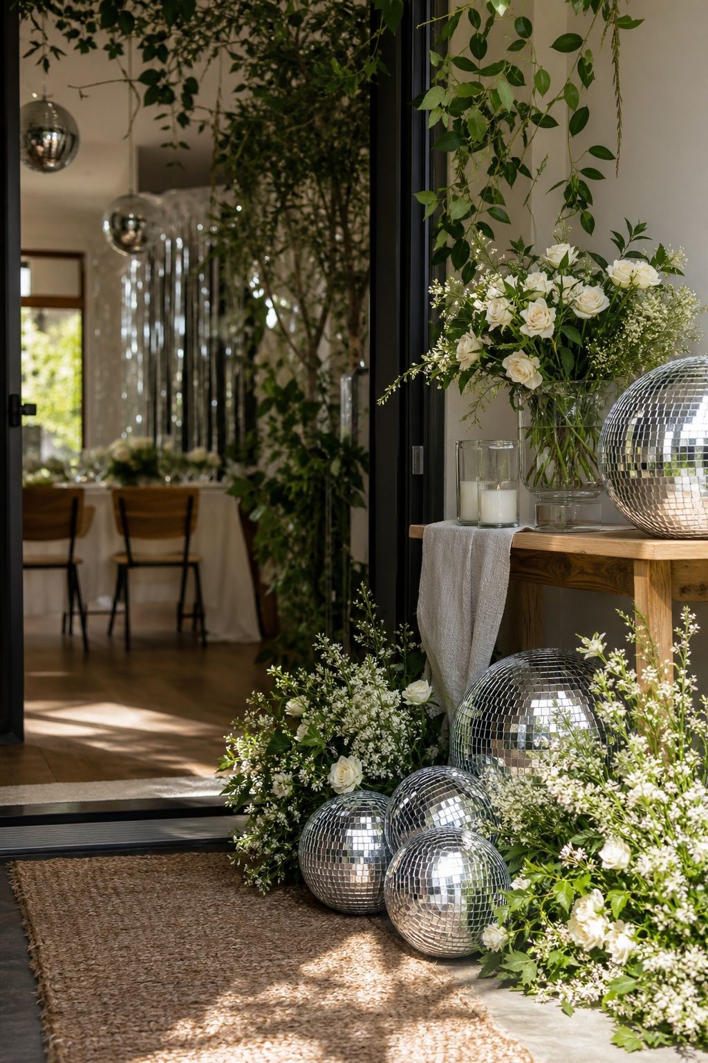 Garden Disco Entry With Silver Discos and Soft Florals small apartment idea for Top 18 Graduation Party Decor Ideas That Make Your Event Unforgettable.