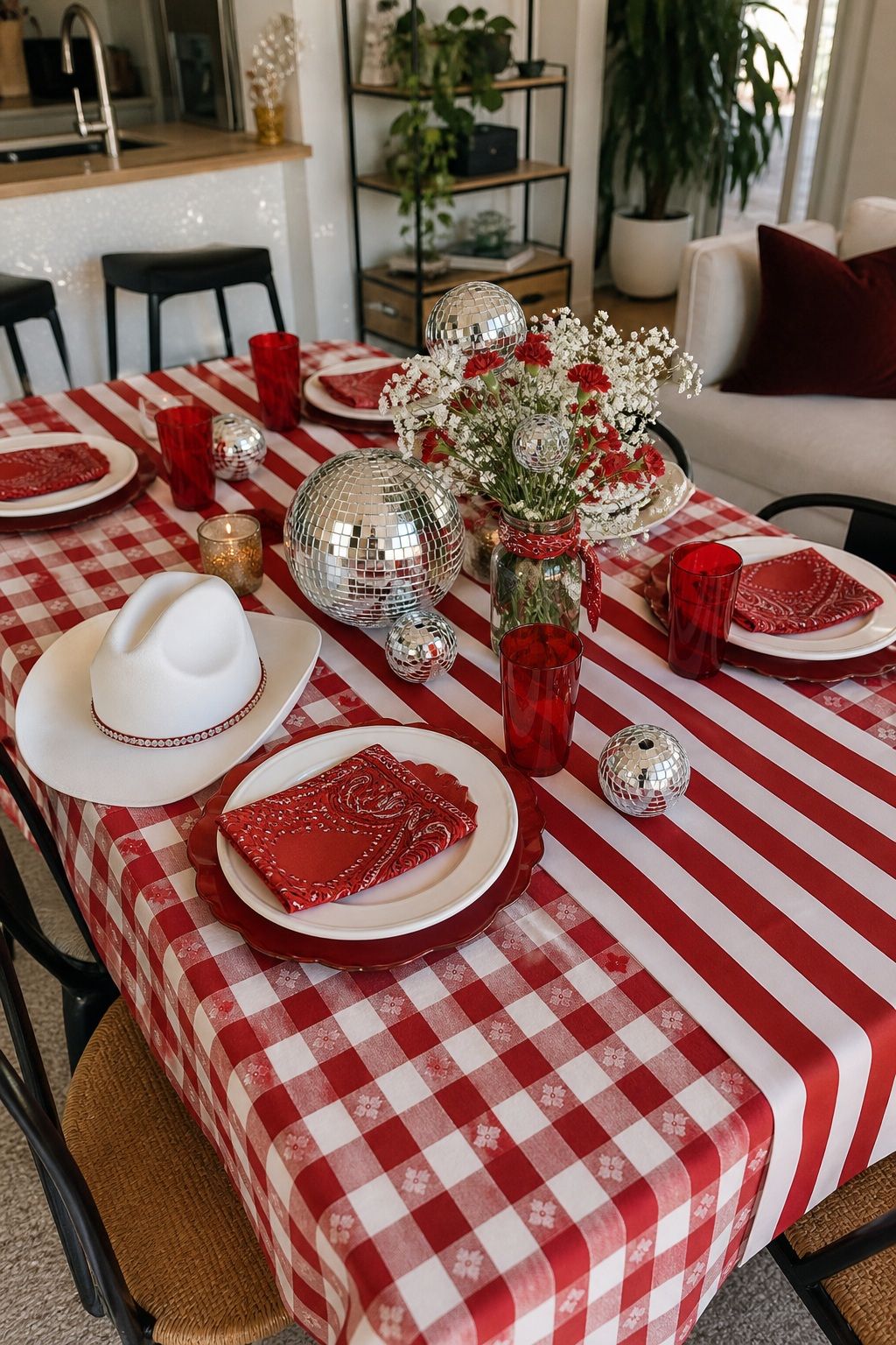 Disco Cowgirl Theme With Cherry Red and White Tablecloths small apartment idea for Top 18 Graduation Party Decor Ideas That Make Your Event Unforgettable.