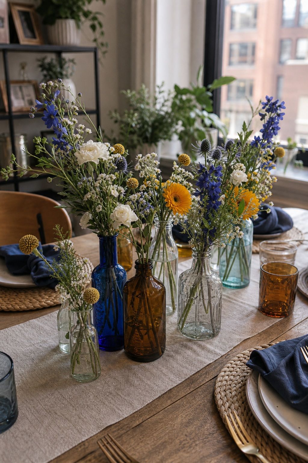School-Color Floral Centerpieces in Vintage Bottles small apartment idea for Top 18 Graduation Party Decor Ideas That Make Your Event Unforgettable.