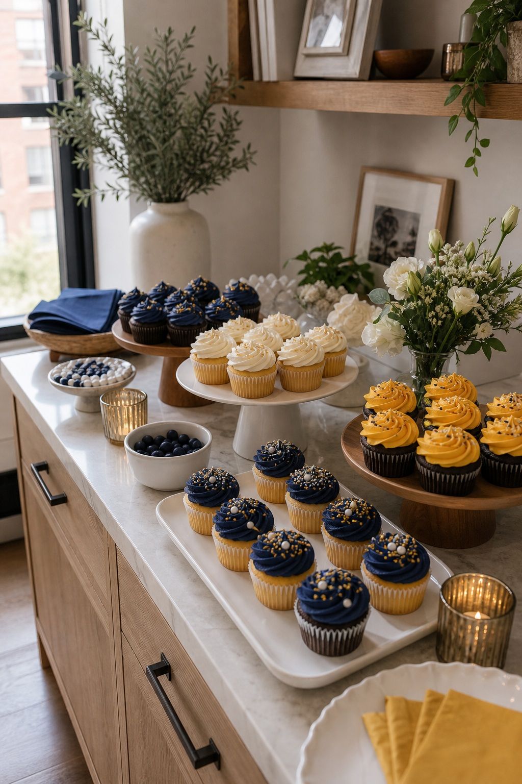 Color-Coded Dessert Station With School-Color Cupcakes small apartment idea for Top 18 Graduation Party Decor Ideas That Make Your Event Unforgettable.