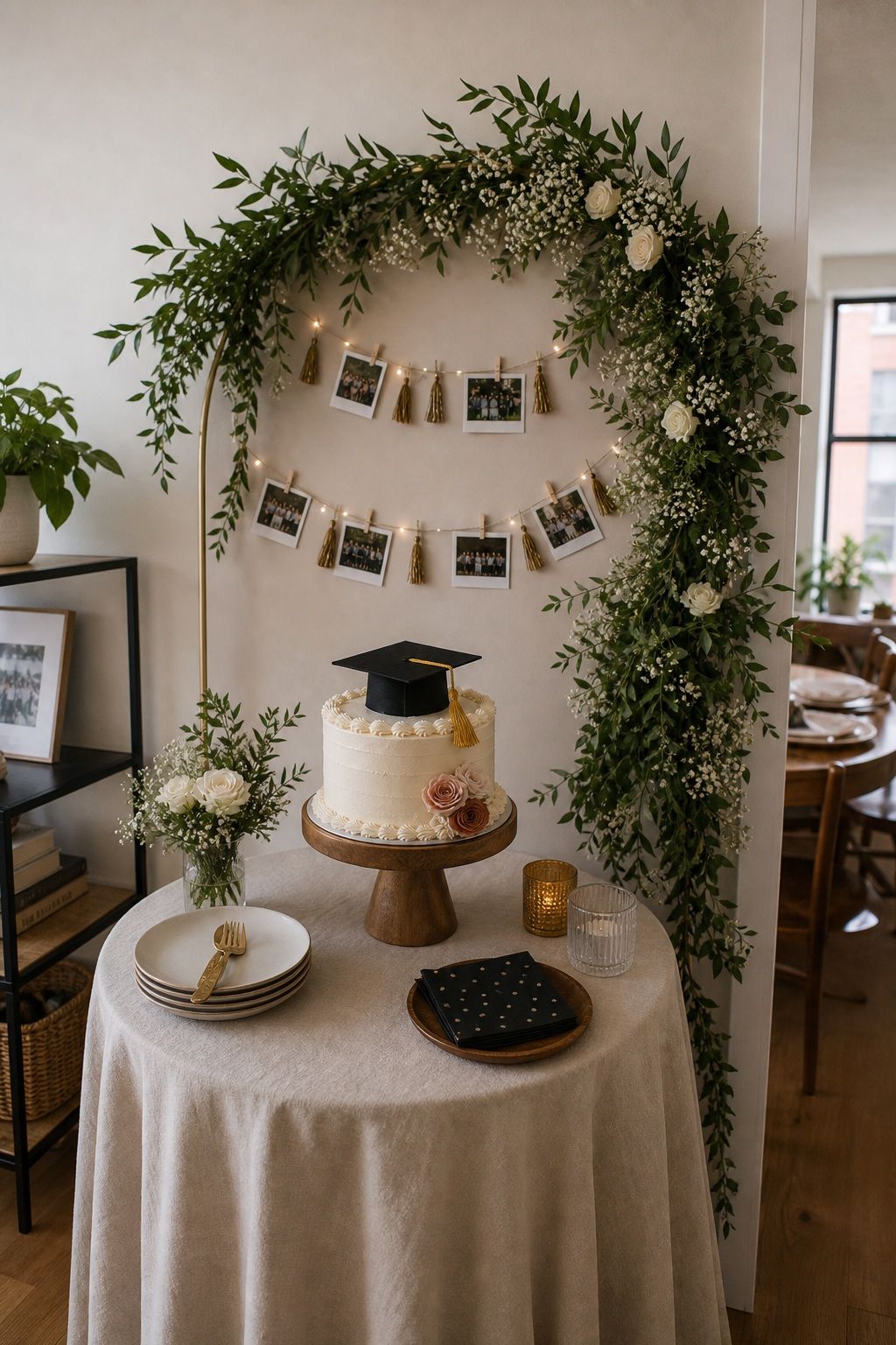 Statement Cake Backdrop With Greenery Garland small apartment idea for Top 18 Graduation Party Decor Ideas That Make Your Event Unforgettable.