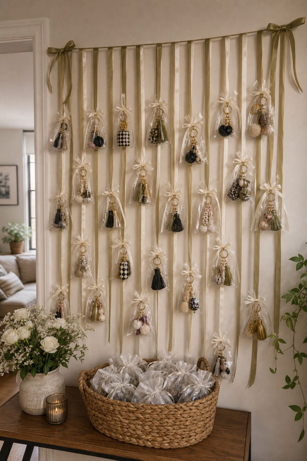 Bag-Charm Party Favors Hung From a Ribbon Wall small apartment idea for Top 18 Graduation Party Decor Ideas That Make Your Event Unforgettable.
