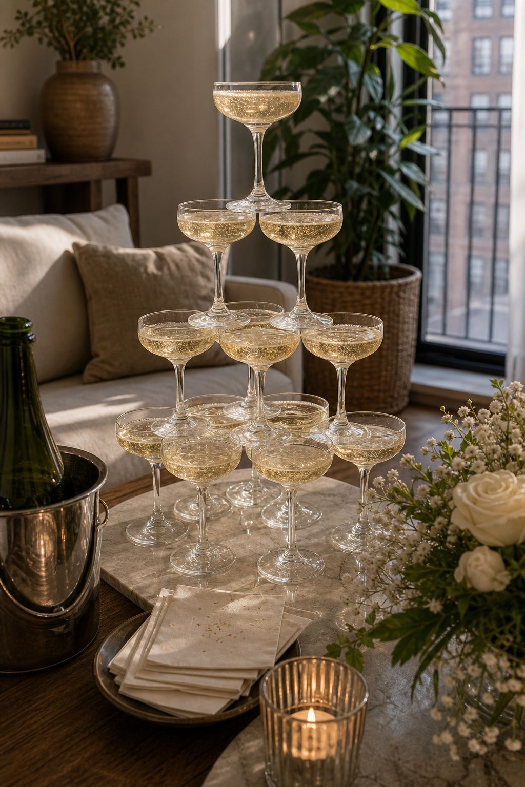 Champagne Tower for the Toast Moment small apartment idea for Top 18 Graduation Party Decor Ideas That Make Your Event Unforgettable.