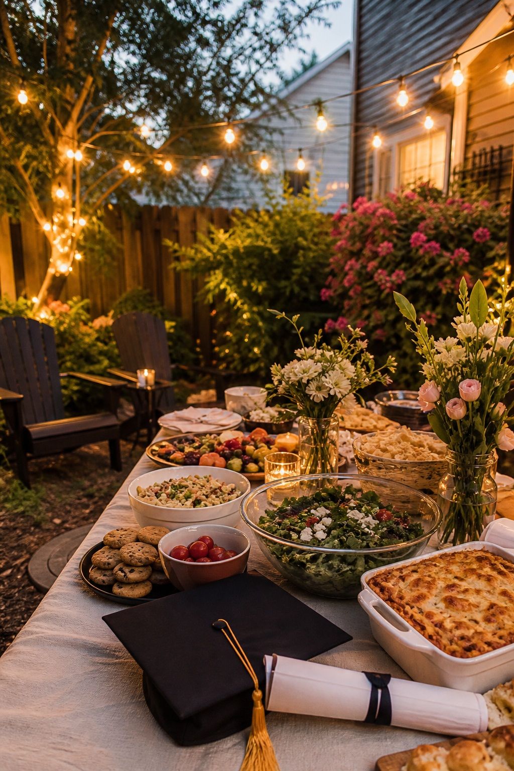 Backyard String Light Garden With Potluck Food small apartment idea for Top 16 Graduation Party Themes That Go Beyond the Basics.