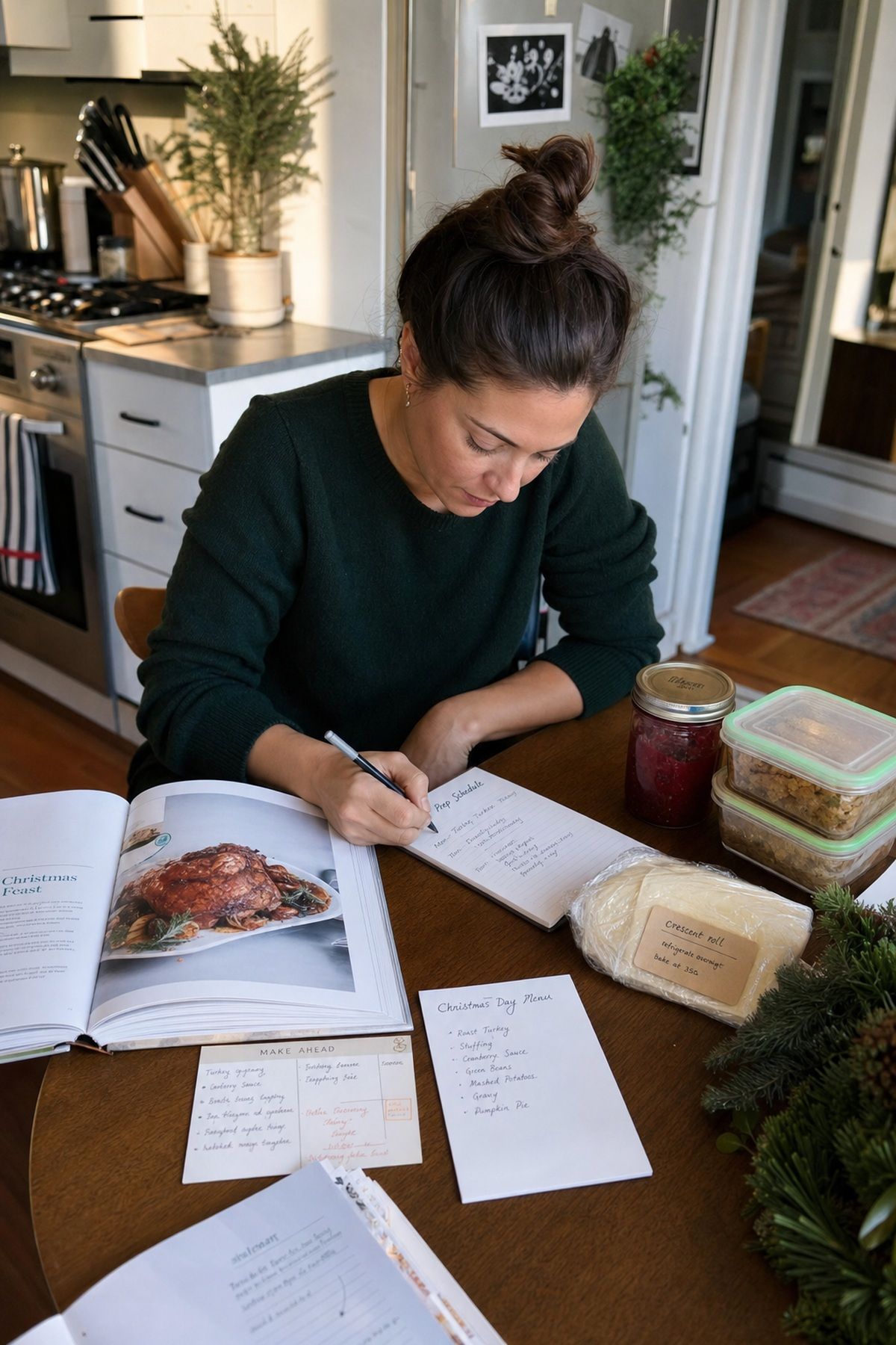 Plan the Menu Around What Can Be Made Ahead for hosting Christmas dinner at home.