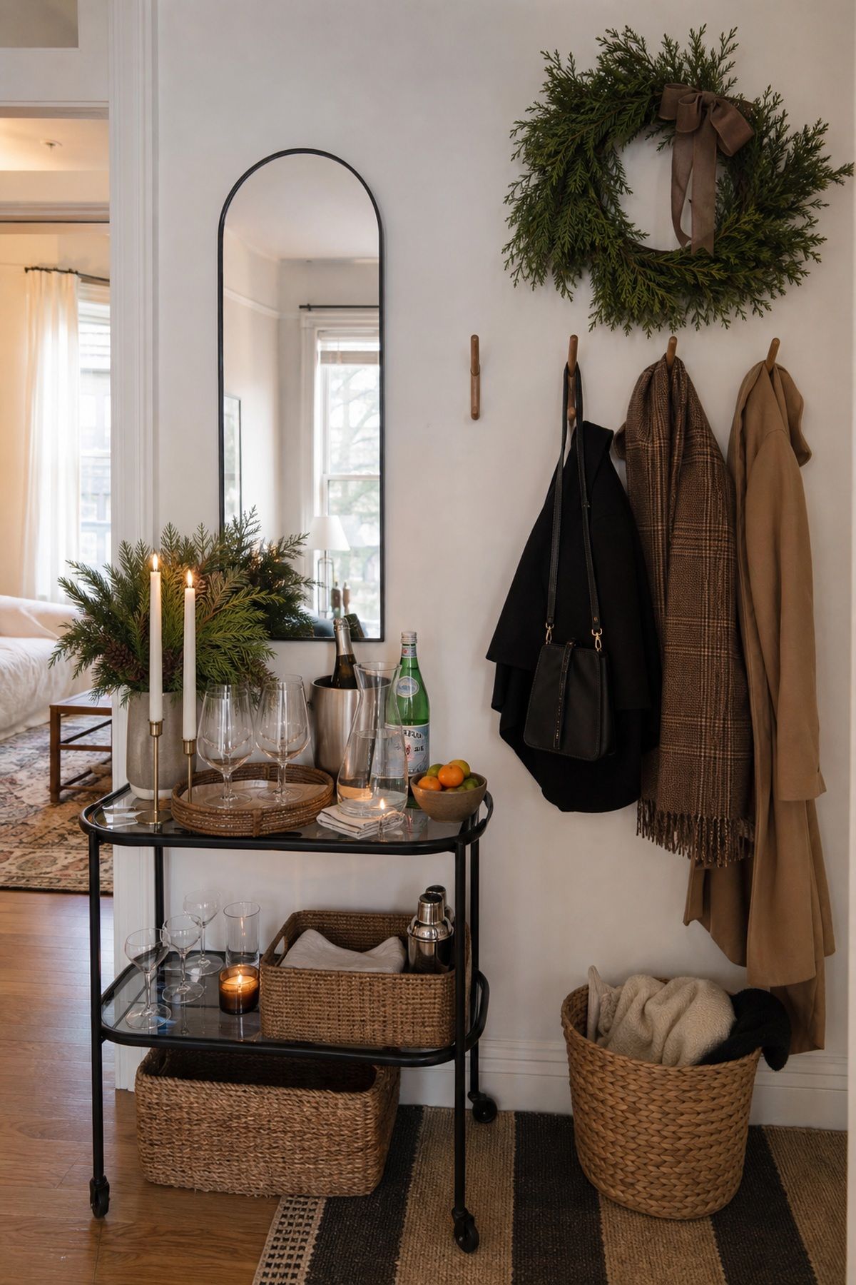 Stage the Entry, the Drinks, and the Coats for hosting Christmas dinner at home.