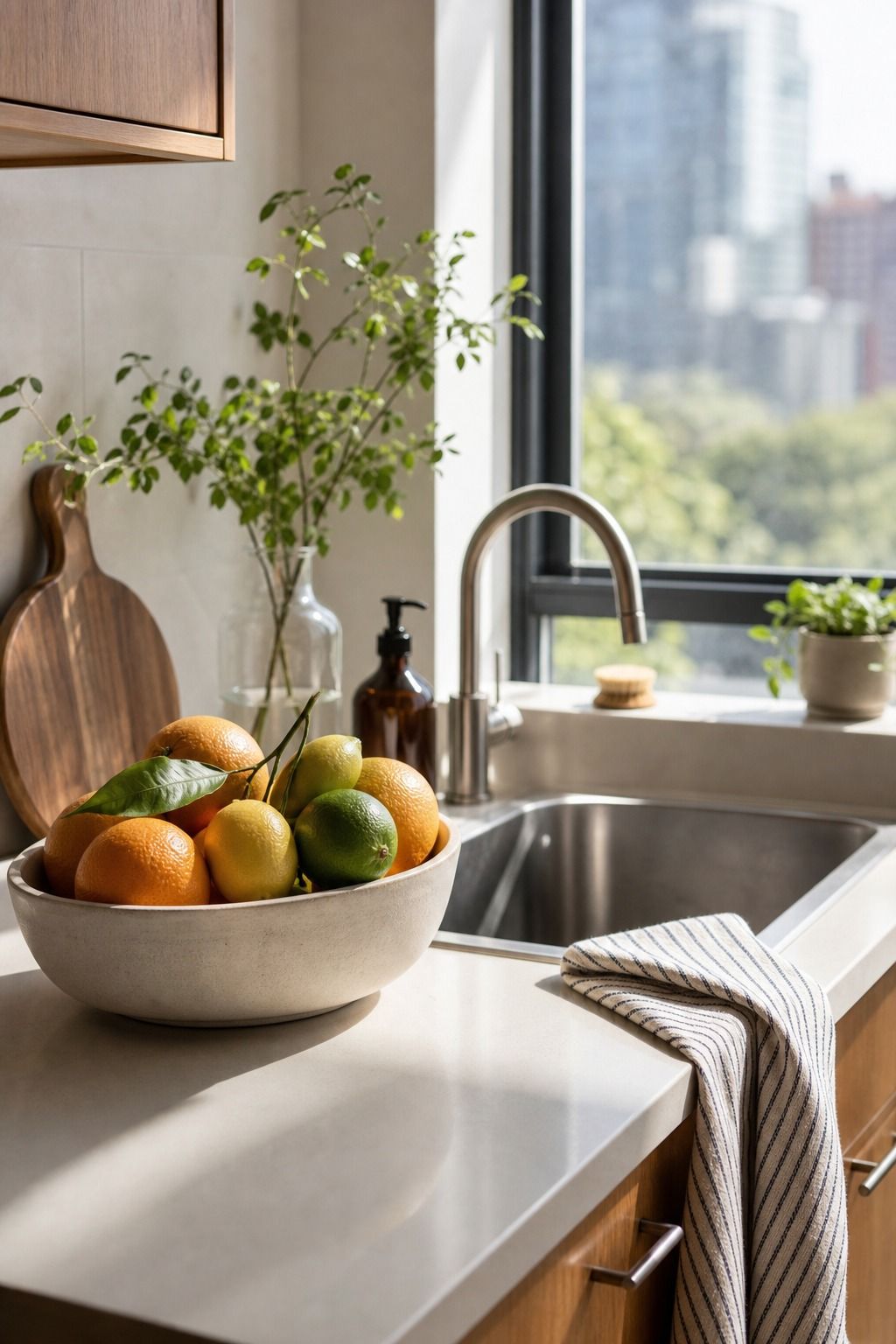 Add a Bowl of Citrus or Fresh Fruit small apartment idea for Top 18 Easy Kitchen Summer Decor Ideas for Small Apartments.