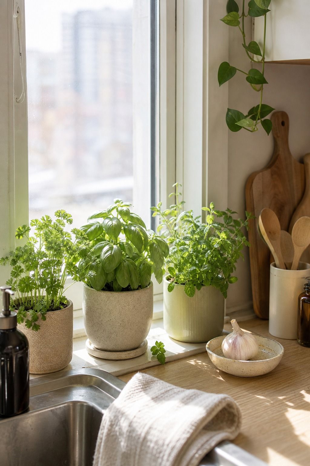 Add Small Potted Plants or Herbs small apartment idea for Top 18 Easy Kitchen Summer Decor Ideas for Small Apartments.