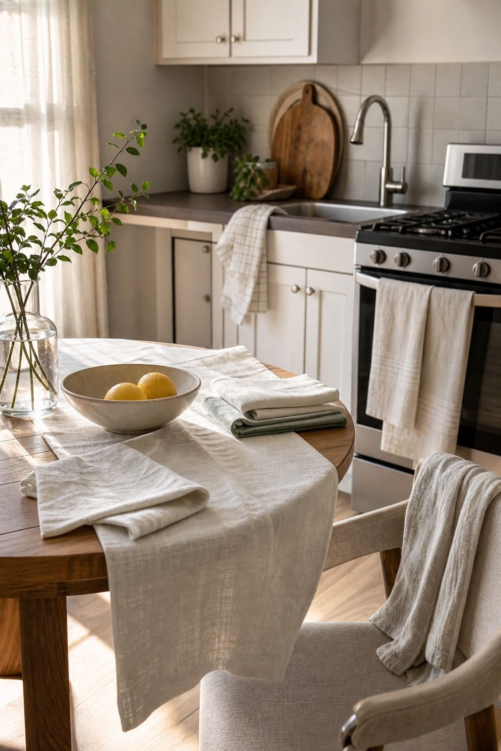 Switch to Lighter Linens All Around small apartment idea for Top 18 Easy Kitchen Summer Decor Ideas for Small Apartments.