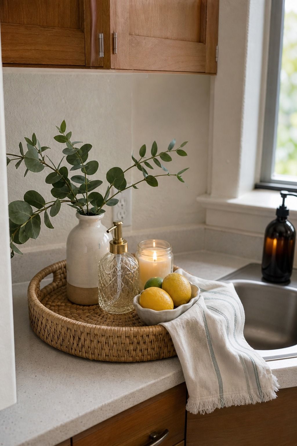 Style a Tray on the Counter small apartment idea for Top 18 Easy Kitchen Summer Decor Ideas for Small Apartments.